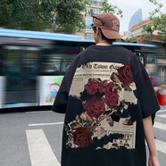 Tim Peake玫瑰印花短袖t恤男款夏季新款oversize美式復古潮牌體恤 1127 黑色 XXXL