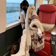 HKYI秋冬帶帽外搭毛絨斗篷披肩女大毛領(lǐng)加厚毛呢外套 格紋加厚 均碼 80-180斤