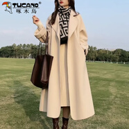 啄木鳥雙面100羊毛大衣女冬季2025新款赫本風(fēng)韓系中長(zhǎng)款高級(jí)感呢子外套 糯1米白 L 建議145-170斤