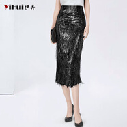 伊卉（YIHUI）重工亮片流蘇包臀裙女高腰氣質(zhì)顯瘦2024新款氣質(zhì)半身裙黑色 黑色 M
