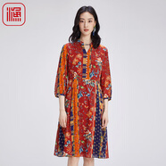 漁漁服飾裙子女秋季2024新款薄真絲彈力撞色印花長(cháng)袖連衣裙FGGC0060 橘橙 S
