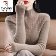 啄木鳥羊毛衫女半高領(lǐng)鑲鉆一體絨毛衣針織打底衫秋冬新款修身套頭長袖內(nèi) 原絨駝【不加/絨】 M 建議95-105斤