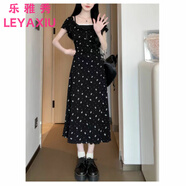 樂(lè)雅秀蝴蝶結(jié)印花假兩件連衣裙女遮肚子荷葉邊短袖長(zhǎng)裙短裙松本喪喪同款 黑色長(zhǎng)款 XL 建議120-130斤