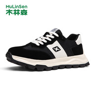 木林森（MULINSEN）男鞋2024新款男士運(yùn)動休閑鞋厚底增高時(shí)尚平板鞋輕便透氣阿甘鞋子 黑米 39