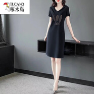 啄木鳥(niǎo)輕奢高端棉裙子短袖A字連帽連衣裙夏季女中長(cháng)款休閑運動(dòng)T恤 黑色【三根羽毛】 L