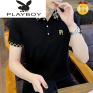 花花公子（PLAYBOY）T恤男士短袖體恤夏季翻領(lǐng)上衣服潮高端休閑刺繡polo小衫男款半袖 1108黑色 M (約90-105斤可穿)