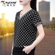 啄木鳥(niǎo)短袖t恤女裝夏裝2025新款中年薄款洋氣短款v領(lǐng)體恤上衣 黑色 M 建議80-95斤