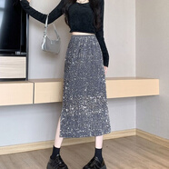隱形都市韓國2025春秋新款高腰顯瘦亮片半身裙女松緊腰后開叉彈力直筒長裙 灰色 M 建議105-125斤
