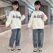 布丁魚童裝女童套裝兒童衣服春秋款品牌休閑衛(wèi)衣褲子中大童女孩潮兩件套 3110套裝米色 130碼建議身高120cm