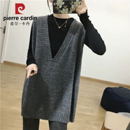 皮爾卡丹（PIERRE CARDIN）中長款韓國簡約休閑寬松毛衣女百搭針織衫深V領(lǐng)無袖馬甲背心上衣 灰色 M 108-118斤