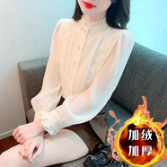 KLEDBOY廣州衣蔓服飾法式宮廷風(fēng)輕熟小眾珍珠木耳立領(lǐng)蕾絲壓褶長(cháng)袖襯衫女 杏色加絨 M
