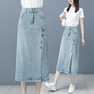 魅力棠國風(fēng)牛仔半身裙女2025夏季新款高腰中長款a字開叉中式盤扣包臀裙 牛仔藍(lán) M 27(95-105斤)