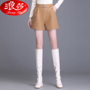 浪莎毛呢短褲女秋冬季a字版闊腿短褲高腰顯瘦寬松百搭直筒外穿靴褲黑 卡其色 毛呢短褲 S 建議體重80-95斤