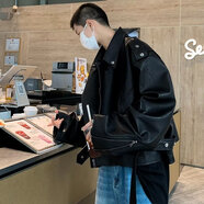 至唯 美式咖色鉚釘皮衣外套男款國潮炸街設計感痞帥短款機車(chē)服夾克男 黑色 L【推薦110-125斤】