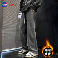 NASA GISS官方潮牌牛仔褲男日系街頭寬松直筒運動(dòng)休閑褲男 黑灰加絨 XL