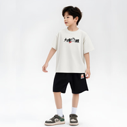 大嘴猴（paul frank）童裝夏季套裝2025新夏款男女童休閑短袖短褲中大童運(yùn)動(dòng)時(shí)髦兩件套 米白+黑色 110