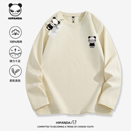HIPANDA重磅純棉春秋季新款男士長袖t恤寬松圓領青少年美式簡約休閑上衣 【純棉】-淺米#JDP小熊貓標X L