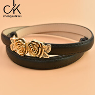 chongsukei小&ck韓版百搭女士牛皮細腰帶 配裙子OL玫瑰花裝配牛仔褲連衣裙 黑色