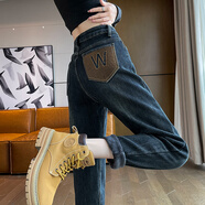 雪沐蓉加絨哈倫牛仔褲女冬季加厚高腰直筒寬松美式復(fù)古顯瘦小個子老爹褲 復(fù)古藍(lán)【單款】 26