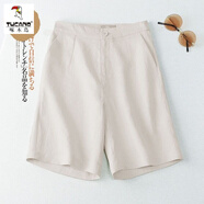 啄木鳥棉麻五分短褲女夏季新款寬松顯瘦韓版休閑闊腿褲亞麻中褲直筒女褲 麻本色 L (建議105-120斤)