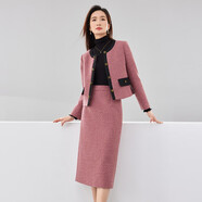 尚都比拉毛呢小香風(fēng)套裝女秋冬撞色圓領(lǐng)外套高腰裙子兩件套 覆盆子醬 XL 
