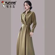 啄木鳥廣州十三行醋酸緞法式襯衫時(shí)尚連衣裙女2024春秋季感氣質(zhì)長裙 綠色 L 100-115