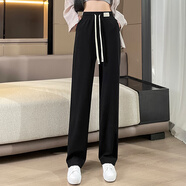 簡蜓休閑褲女士高腰長褲夏季冰絲顯瘦薄款直筒褲垂感大碼胖mm闊腿女褲 黑色九分褲 XL 推薦119-132斤