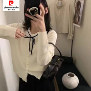 皮爾卡丹小香風秋冬新款圓領長袖系帶蝴蝶結(jié)針織毛衣女時尚百搭氣質(zhì)針織衫 米白色 S