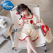 迪士尼（Disney）女童套裝裙夏季2025新款兒童裝短袖夏款時髦小童女孩寶寶網(wǎng)紅夏裝 米杏色-草莓套裝 110 cm