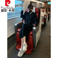 皮爾卡丹（pierre cardin）連衣裙女秋冬新款2023拉鏈設計感法式黑色中長(cháng)款打底針織毛衣裙女 黑色 2XL(建議130-140)