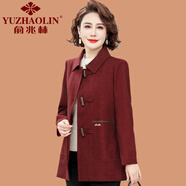 俞兆林（YUZHAOLIN）媽媽春裝新款翻領(lǐng)格子外套時(shí)尚中老年女裝春秋高貴短款小西裝上衣 棗紅色 XL (參考90-105斤)