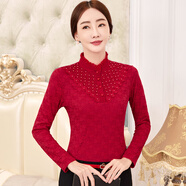 PHJ秋冬新款女裝時(shí)尚百搭半高領(lǐng)加絨保暖蕾絲衫中年氣質(zhì)長(cháng)袖打底衫女 紅色 -加絨 M