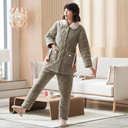 輝豹（HUIBAO）夾棉睡衣女冬季加厚居家服加絨中老年媽媽秋冬款法蘭絨家居服套裝 G3609#抺茶綠 M 【建議100斤以?xún)?nèi)】 3層