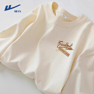 回力（Warrior）重磅220G純棉春秋季長(cháng)袖t恤衫男士精梳棉潮流寬松百搭大碼打底衫 淺米#HL卡其分塊X L 【100%純棉 親膚透氣】