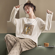 華婷露（Huatinglu） 睡衣女春秋寬松簡(jiǎn)約休閑套裝長(cháng)袖長(cháng)褲圓領(lǐng)套頭室內家居服外穿 【圓領(lǐng)長(cháng)袖+長(cháng)褲】羅紋老虎 XL （建議105-125斤）