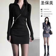 圣保美黑色針織連衣裙子女秋冬2025新款春秋裝法式赫本風(fēng)辣妹毛衣包臀裙 黑色 S 碼