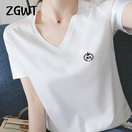 ZGWT輕奢高檔品牌精品V領(lǐng)短袖T恤女夏季新款時(shí)尚百搭半袖上衣 V領(lǐng) 【白色RX圓圈】 4XL (150-160斤)