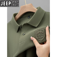 吉普（JEEP）高檔純棉秋季長袖t恤翻領寬松刺繡p0lo衫上衣男大碼T恤男士新 軍綠【雙牛盾】長袖款 L碼-110-130斤