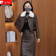 皮爾卡丹時尚皮裙套裝女2025秋冬新款時髦洋氣皮衣外套過膝半身裙兩潮 黑色皮衣【加絨帶毛領】 3XL 【130-145斤】