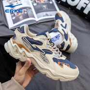 鴻星爾克男鞋跑步鞋子男款紅星輕便休閑鞋秋冬老爹鞋網(wǎng)面透氣運動鞋男 暖亞麻/灰墨藍 39