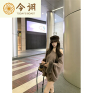 今詡斜肩毛衣女性感斜領露肩長袖針織衫秋季毛毛拼接寬松套頭慵懶百搭 烏木色 均碼 (160)