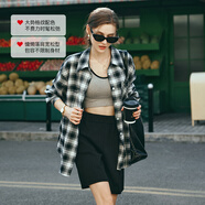 Olrain歐芮兒格子襯衫女裝秋新款復古時(shí)尚慵懶百搭長(cháng)袖外套 黑白格 S