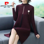 皮爾卡丹羊毛針織衫女秋冬拼接加厚毛衣打底衫寬松時(shí)尚中長(zhǎng)款內(nèi)搭連衣裙潮 酒紅色 2XL