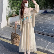 梵闋連衣裙女鏤空流蘇吊帶背心女裝長袖上衣春秋新款半身裙休閑三件套 半身長裙（單裙子) 2XL