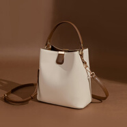名夏（MINGXIA）牛皮女包新品韓版水桶包軟皮女包簡(jiǎn)約單肩斜挎女士包包甜美手提包 奶昔白配棕大號