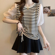 恰凡（QIAFAN）條紋正肩短袖t恤女2025夏季新款遮肚顯瘦法式雪紡拼接泡泡袖上衣 杏色 L 建議100-115斤