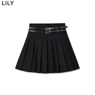 LILY【商場同款】秋新款復(fù)古雙腰頭百搭通勤百褶裙半身裙短款 510黑 L