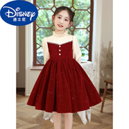 迪士尼（DISNEY）女童連衣裙春秋裝小女孩洋氣公主裙紅色禮服兒童生日秋冬裙子兒童 2695紅色連衣裙 +發(fā)夾 150 cm