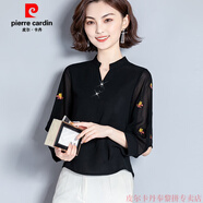 GIOIO品牌夏季顯瘦遮肚子雪紡衫女棉麻短袖碼百搭洋氣小衫v領(lǐng)上衣翻領(lǐng) 320#黑色【七分袖】 【雪紡面料 L【建議105-120斤】