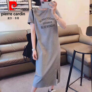 皮爾卡丹（pierre cardin）2024純棉短袖長裙寬松休閑過膝恤裙簡約中長款連衣裙女顯瘦夏季針 灰色(三行字母款) XXL 145-180斤